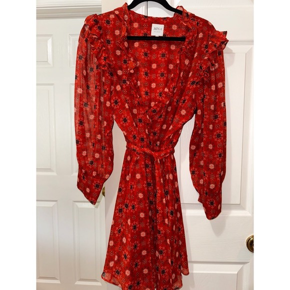 MISA Los Angeles Floral Print Mini Dress Ruffle Trim Long‎ Sleeve Red XL - Picture 7 of 14